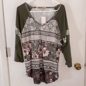 Energe olive green striped print v-neck knit top raglan sleeve pink floral Sz XL